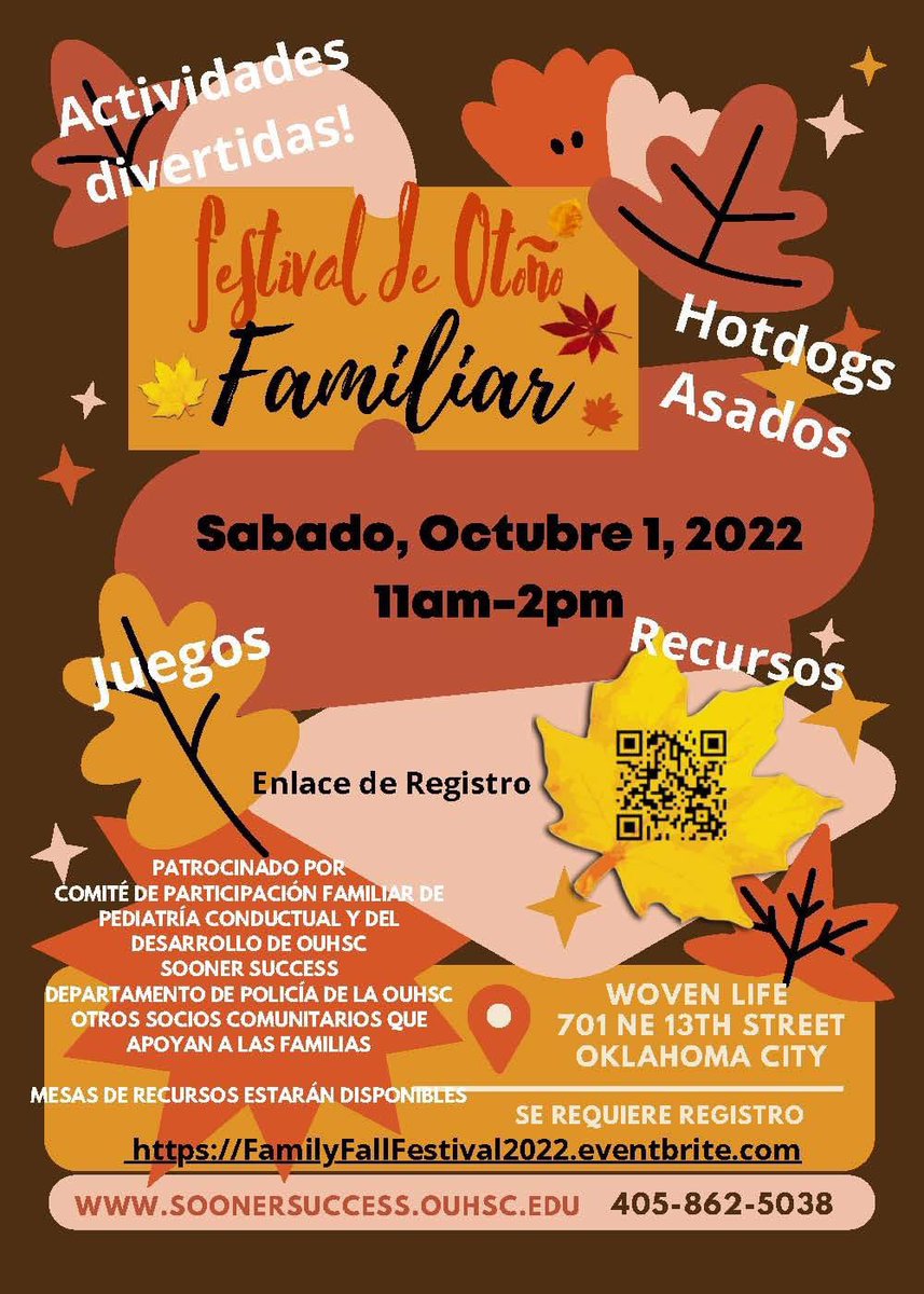 SoonerSUCCESS's tweet photo. Please join us for our Family Fall Festival on Saturday, October 1st, 11am-2pm at WovenLife parking lot (701 NE 13th St, OKC), we will have fun activities, resource booths, games and activities, hot dog lunch!!! Registration required. https://t.co/8XZl0gaxhB https://t.co/cIQcgHMwcq