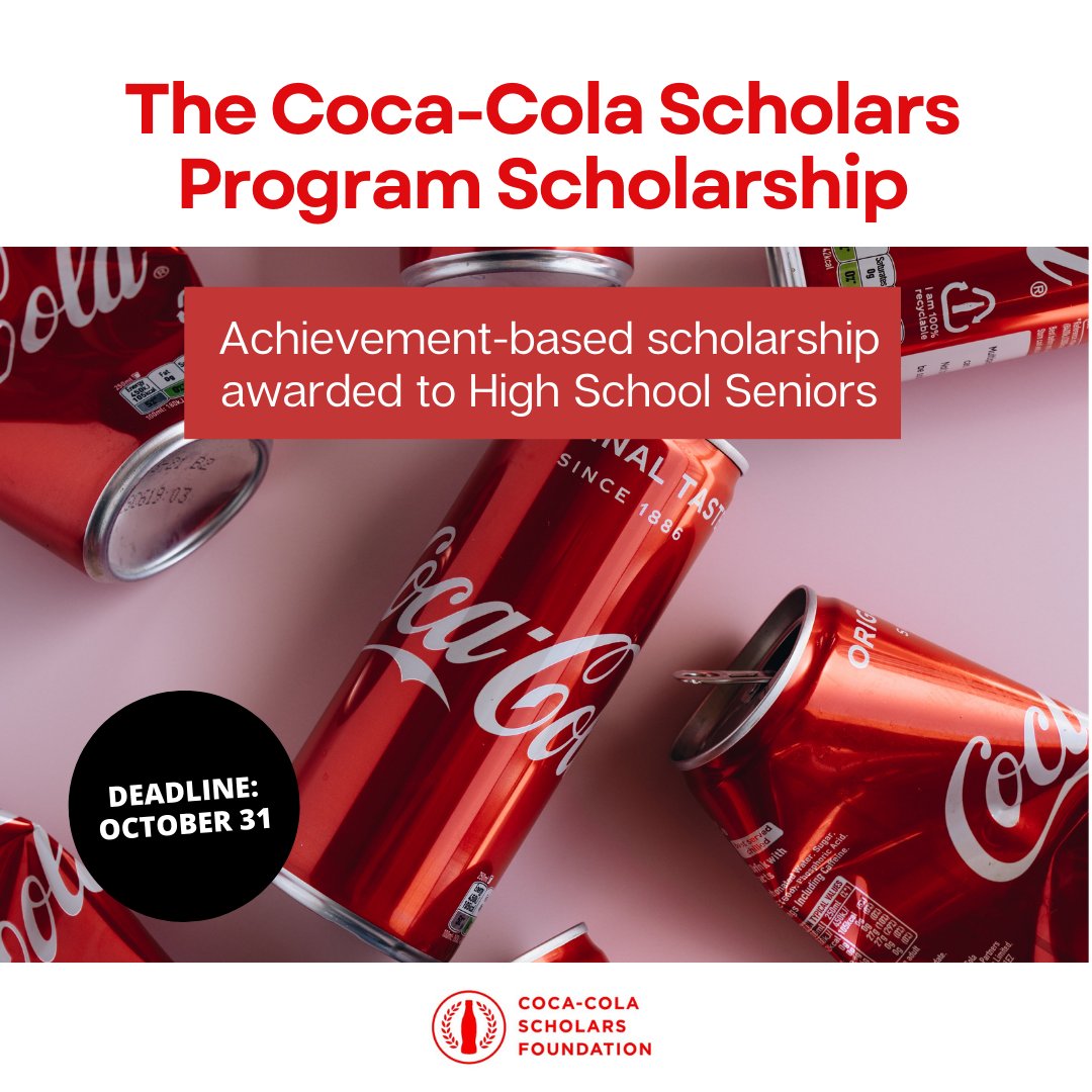 #ScholarshipSpotlight Coca-Cola Scholars Program Scholarship is open to high school seniors and recognized for leading, serving, and making an impact.<a href="/cokescholars/">Coca-Cola Scholars</a> selects 150 scholars to receive this $20,000 scholarship.

Deadline: October 31
Apply now: bit.ly/3AYfptm