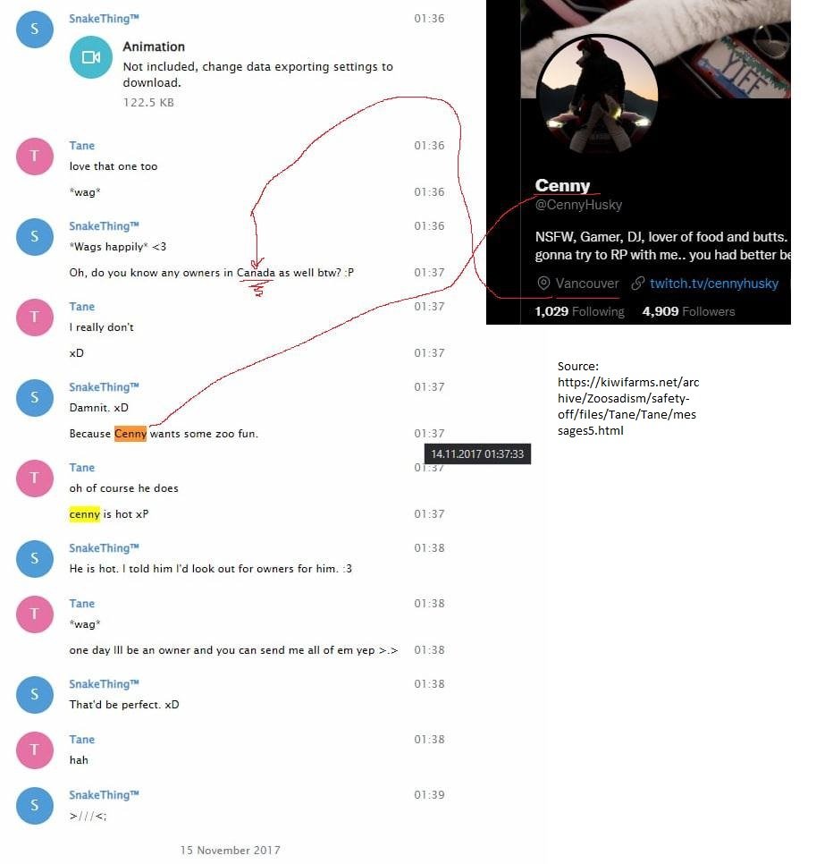 CennyBW's tweet photo. CennyHusky has been implicated in the 2018 Zoosadism Scandal. Within the leaked chat logs of SnakeThing (A zoosadist ringleader currently serving a 25 jail year sentence), discussion takes place between two zoosadists trying to locate a pet for Cenny to have "zoo fun with"🧵(1/8) https://t.co/3fJEQXWbOc