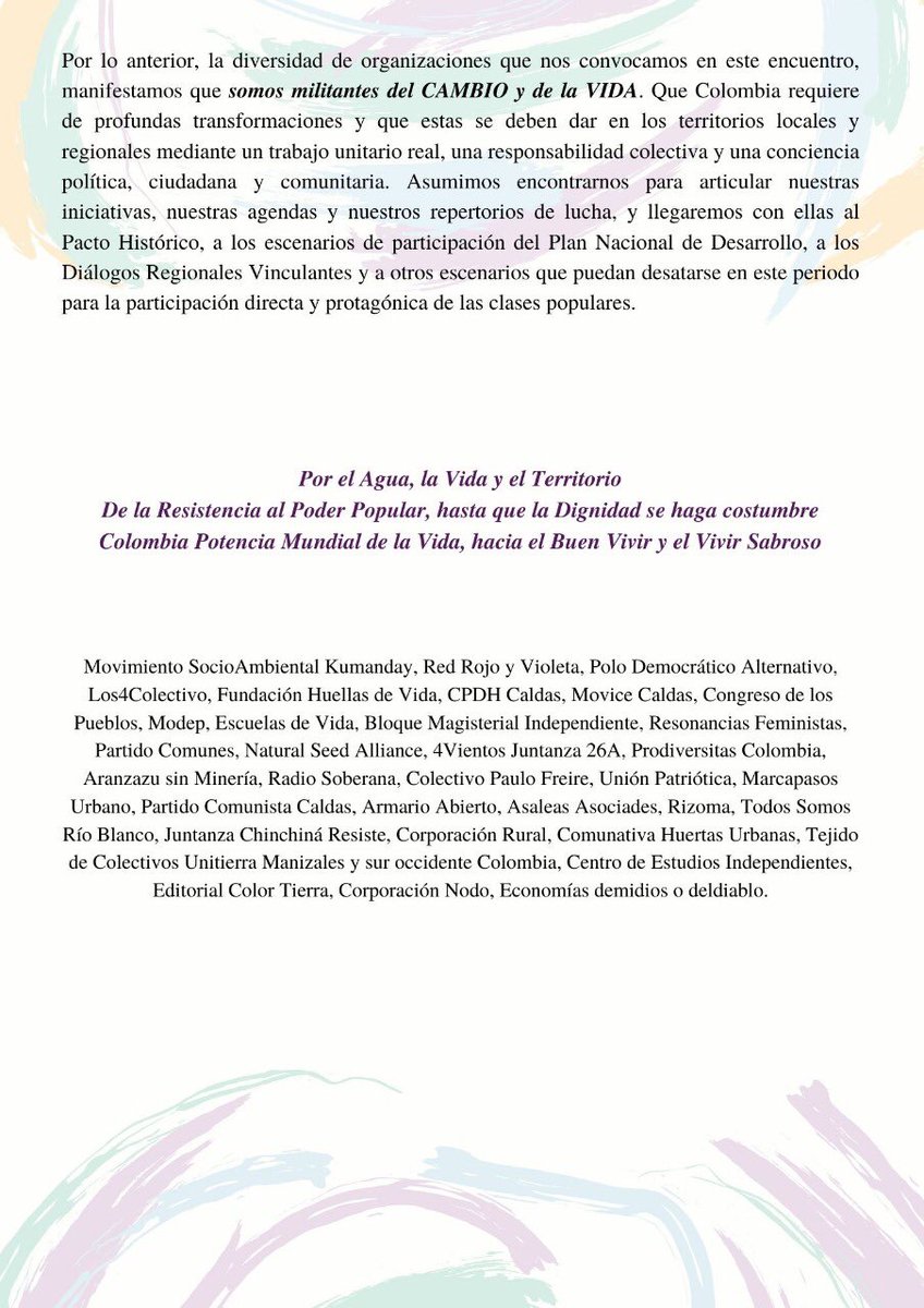 Declaración de las organizaciones de Manizales y Caldas por el buen vivir . <a href="/petrogustavo/">Gustavo Petro</a> <a href="/FranciaMarquezM/">Francia Márquez Mina</a> <a href="/DNP_Colombia/">dnp_colombia</a> @Alcalde_Verde <a href="/osoriosantiago/">Santiago Osorio M.</a> <a href="/BanolNorman/">Norman Bañol</a>