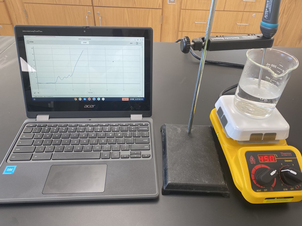 MrsKult's tweet photo. This group of students is using a @VernierST temperature sensor to collect heating curve data for water in #NPphysics. Weโll be looking to break down all the physics related to the flat parts and rising parts of the graph. #GoComets https://t.co/a5lLeTSX8Y