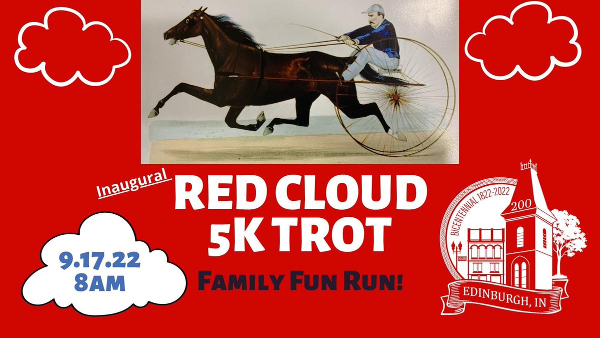 EdinburghIN's tweet photo. Register for the Res Cloud 5K! 
Celebrating Edinburgh’s record-holding race horse of the 1870s. #festcountryin #redcloud5k #edinburgh200
https://t.co/oH9vEull7o https://t.co/DLyDmtRa4G