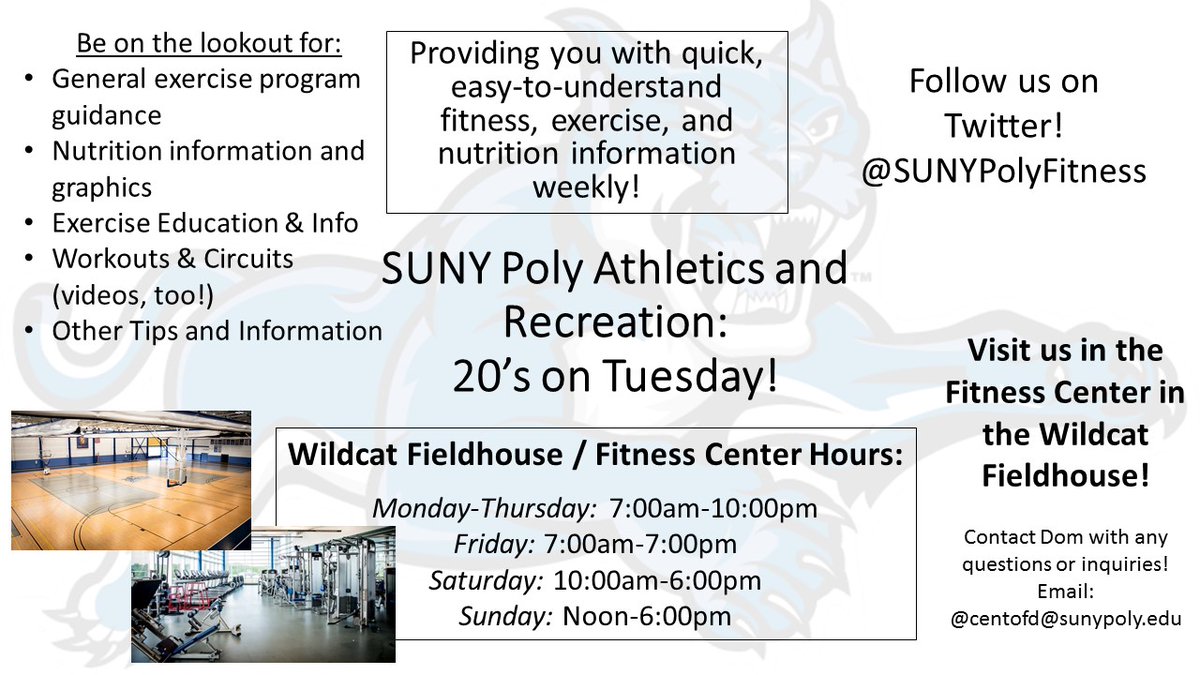 SUNYPolyFitness's tweet photo. Be on the lookout for 20s on Tuesday! Fitness, exercise, health and nutrition tips weekly on Tuesdays! #rollpolytech #sunypoly https://t.co/rCxnpAWZk6
