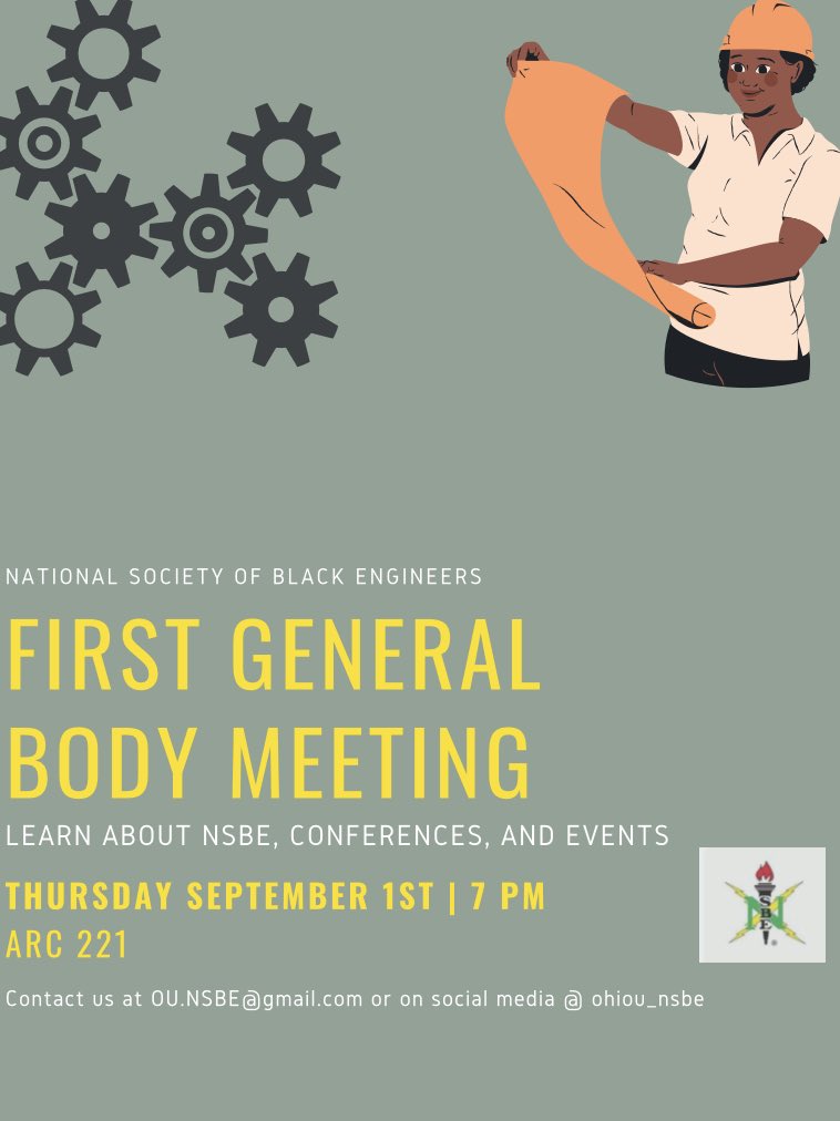 Hi everyone! NSBE is having our first meeting of the semester this Thursday night. Come meet our executive board and learn about the events, conferences, and all the other fun things we have planned for the semester!! There will be pizza and drinks! Come out and bring a friend!