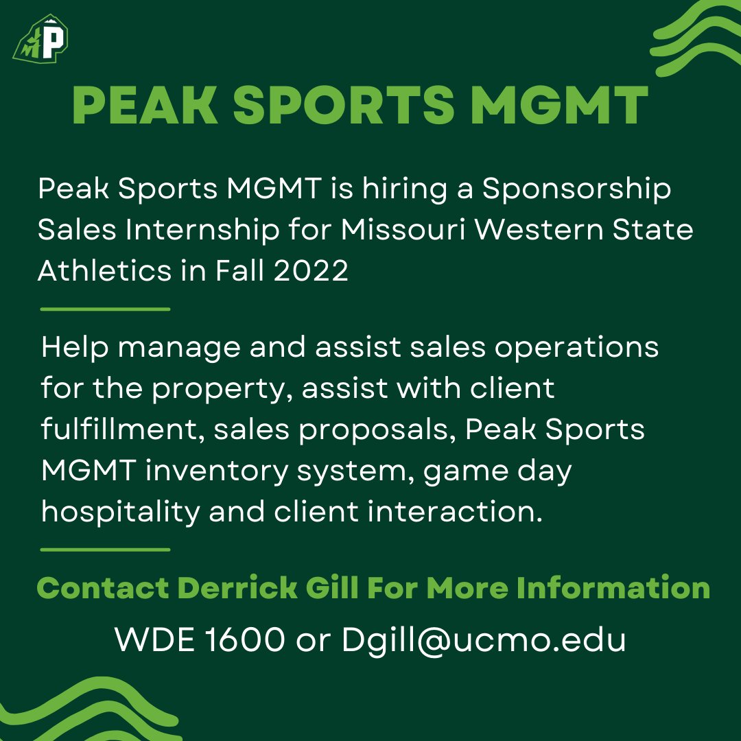 ucmharmonintern's tweet photo. Peak Sports MGMT is hiring a Sponsorship Sales Internship for Fall 2022! If you're interested in helping to manage and assist sales operations make sure to take this opportunity and contact Derrick Gill for additional information! 
WDE 1600 or dgill@ucmo.edu https://t.co/muUyCjqkCp