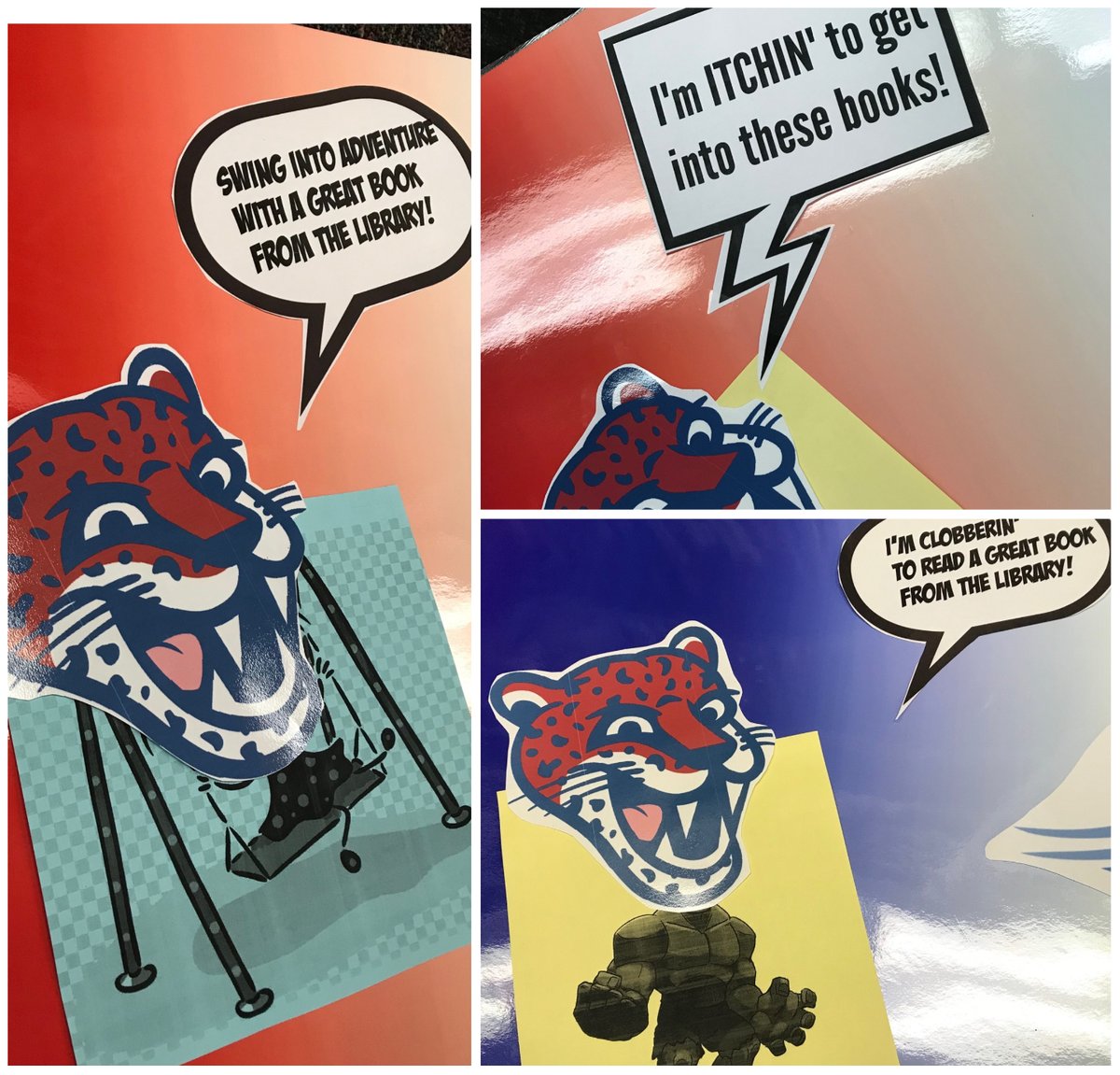 Putting the finishing touches as we continue labeling <a href="/PermaBoundBooks/">Perma-Bound Books</a> needing processing, gather ideas for colorful decorations, &amp; weed old books. Our NEW Jaguar mascot won't mince words as library staff look for an itchy-arm cartoon- he ROARS into reading!

#teambcsd
#bcsdreads