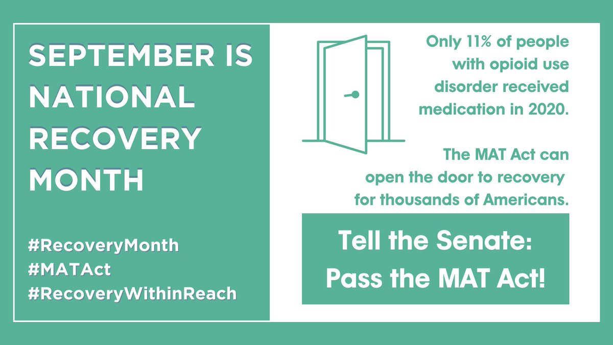 ActionForOD's tweet photo. Millions of Americans live with opioid use disorder, but few are treated with medication. Lack of access to medications like buprenorphine closes a door to recovery for Americans with OUD.

The Senate must pass the #MATAct to bring #RecoveryWithinReach.

#RecoveryMonth https://t.co/IPaQscFirE