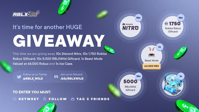 Its time for another huge Giveaway💰

1⃣To enter
2⃣Retweet 
3⃣Follow
4⃣Tag 3 Friends

🥇10x 5000 RBLXWild Giftcards

🥈10X 1700 Roblox Robux Giftcard

🥉 10x Discord Nitro

There will be 32 winners. ✅

We will draw the winners in 3 days

#robux #roblox #robuxgiveaways