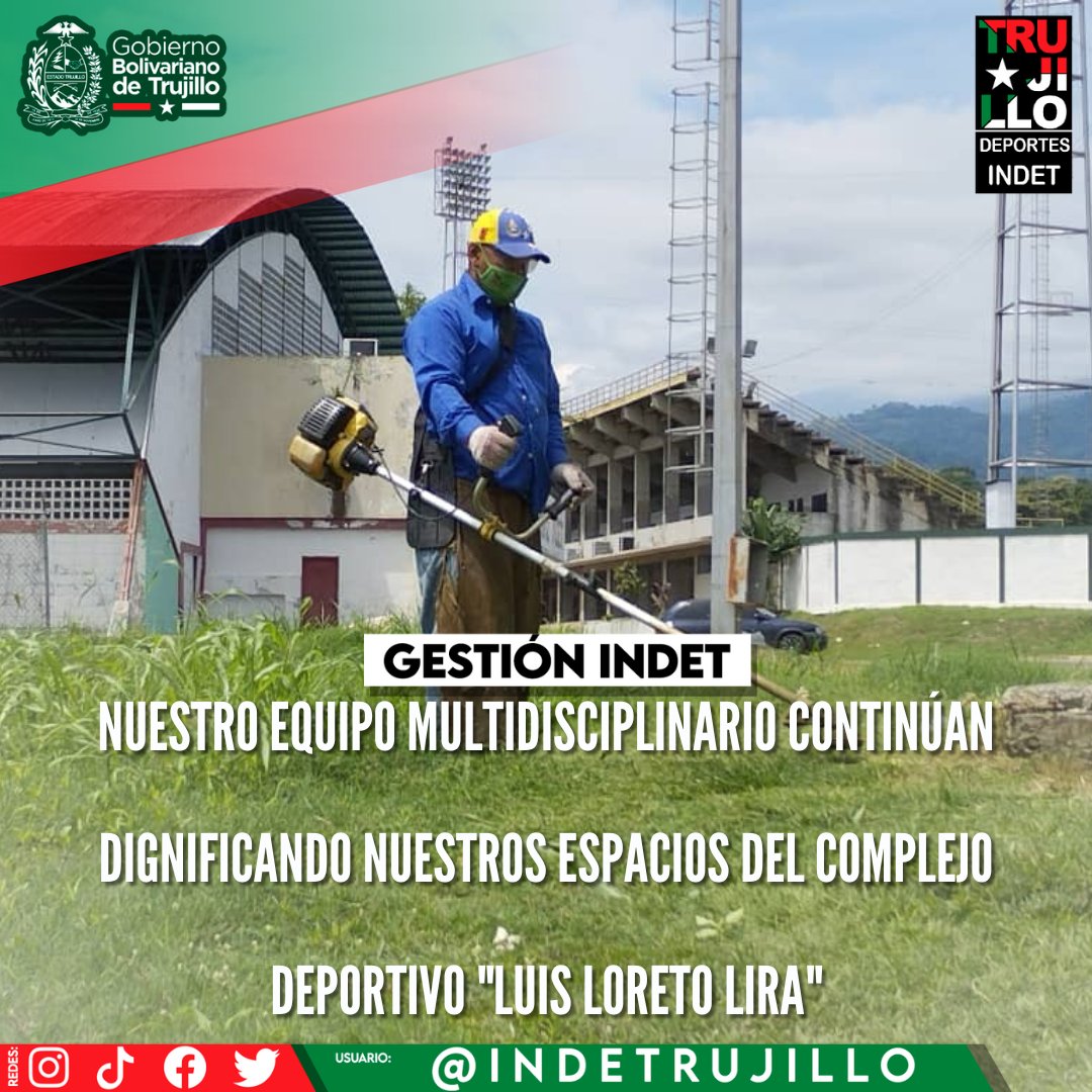 indettrujillo's tweet photo. #GestiónIndet 

Este martes #30Ago, nuestro equipo multidisciplinario continúan dignificando nuestros espacios del Complejo deportivo "Luis Loreto Lira", con los trabajos de mantenimiento, desmalezamiento y embellecimiento de las áreas verdes. https://t.co/1f5tBjCWT6
