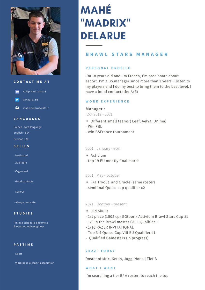 Madrix_Esport's tweet photo. I'm always with them but i'm also open to other offer.
- lots of experiences (3 years)
- contacts tier B/A
- serious and available
- speak french and english 
I search a tier B (or +) roster 
thx for ❤️and♻️ https://t.co/BWwwFdnIto