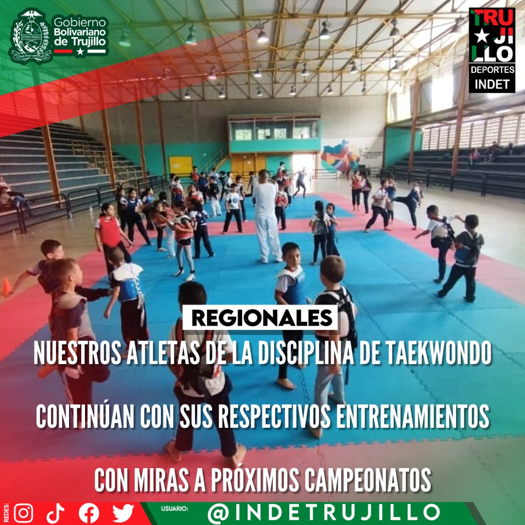 indettrujillo's tweet photo. #Regionales 

Este martes #30Ago, nuestros  Atletas de la disciplina de Taekwondo, que realizan su trabajo deportivo en el Gimnasio Cubierto "Néstor Rosales". https://t.co/itQlR3MdDo