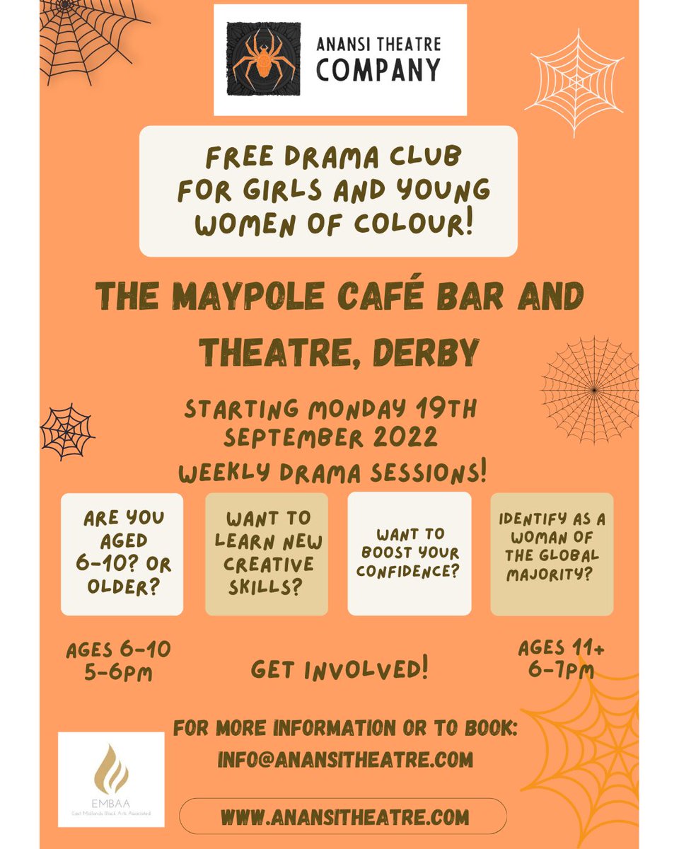 AnansiTheatre's tweet photo. Opportunity alert 📢

Excited to announce we are offering a FREE drama 
club for girls and young women of colour! If you are
a young person or knows one that would be interested
in joining, please email us - info@anansitheatre.com

 #opportunity #derby #arts #dramaclub
#artsopps https://t.co/4UAbwWHe90