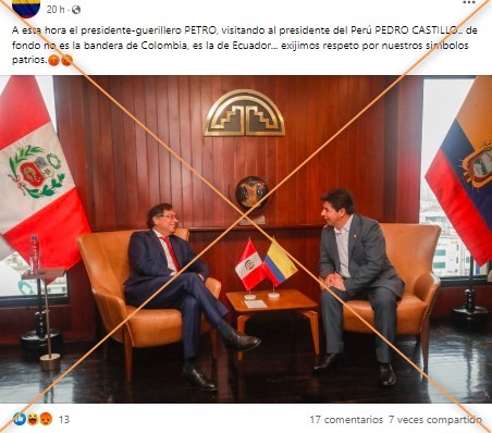 AfpFactual's tweet photo. ❌Esta imagen no muestra que el presidente de Perú, @PedroCastilloTe, haya recibido por error al colombiano, @petrogustavo, con una bandera de Ecuador.
 
Fotos del sitio muestran pabellones de otros miembros de la Comunidad Andina, incluida Colombia.
 
➡https://t.co/v2Twtpp759 https://t.co/inndKiIyZd