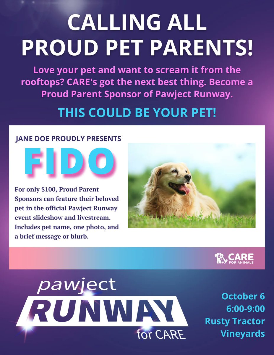 For only $100 you can have your beloved fur-baby featured on the official Pawject Runway event slideshow and livestream. 
Click here to secure a Proud Parent sponsorship slot today: buff.ly/3ABHDc8