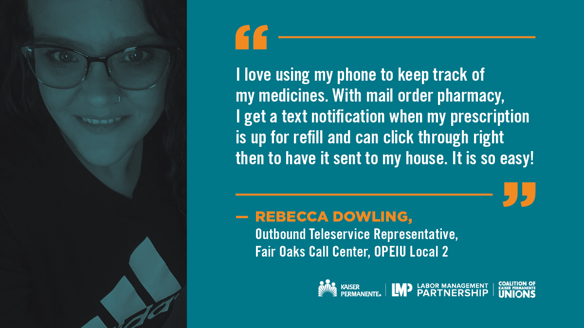 LMPtalk's tweet image. Be like Rebecca! Sign up for mail order delivery at kp.org/pharmacy for a fast and easy way to get Rx refills. 🧵1/3