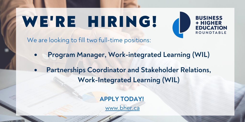 <a href="/BHERCanada/">BHER Canada</a> is hiring! We’re a fast-paced NFP looking for passionate folks to fill these roles: Program Manager, Work-integrated Learning (WIL); Partnerships Coordinator &amp;Stakeholder Relations, WIL. Visit bher.ca/about/join-our…  to find out more &amp; apply today!