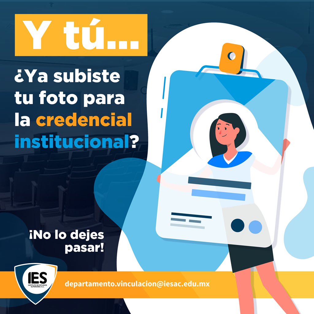 IESACoficial's tweet photo. Comunidad #iesac no te pierdas de los beneficios de tener tu credencial institucional, si aún no envías tu fotografía recuerda hacerlo al correo del departamento de vinculación
¡No te quedes sin tu credencial! https://t.co/SEV6niyJGi