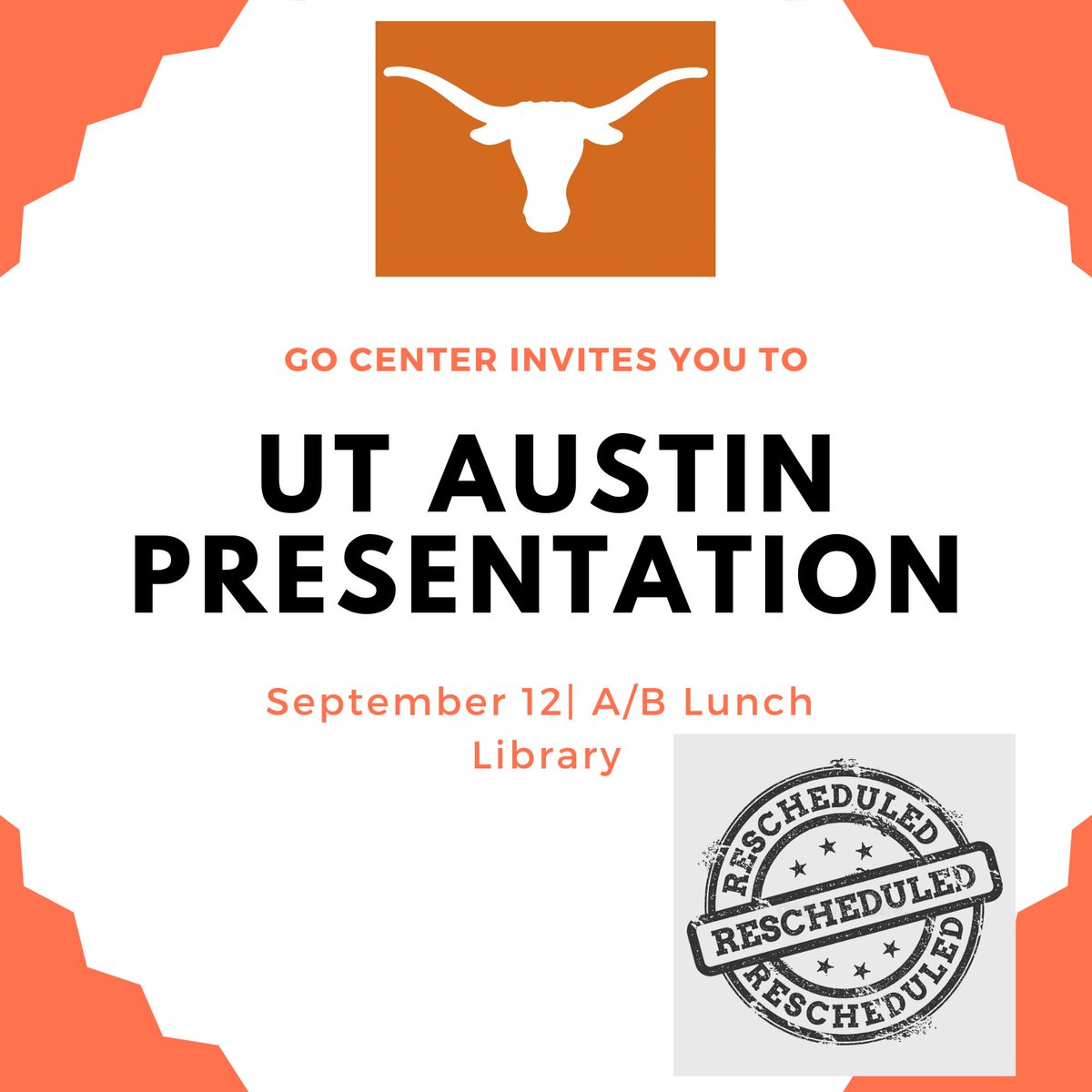 EHS_GoCenter's tweet photo. Unfortunately we had to reschedule UT Austin presentation! New date Sep 12th! 🤧 @EHScounselors__ https://t.co/uQDJrJqVK6