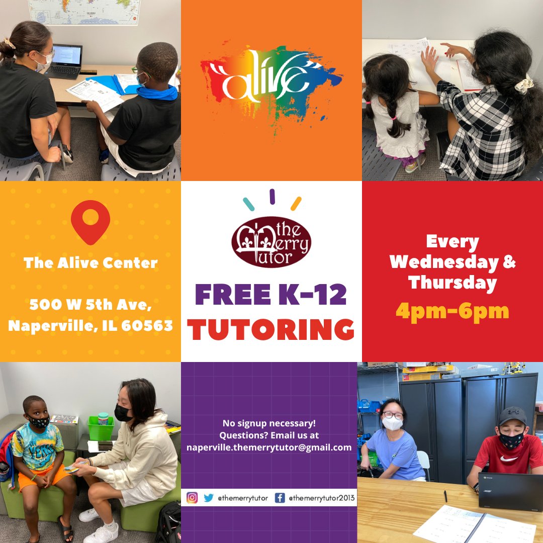 Aliveteencenter's tweet photo. The Merry Tutor is offering FREE K-12 Tutoring at The Alive Center! Every Wednesday &amp; Thursday from 4pm-6pm. Bring your study materials and #JustShowUp 📚📝 @themerrytutor 

📍 500 W 5th Ave, Naperville

#FreeTutoring #NapervilleTutor #TheMerryTutor #NapervilleTutoring https://t.co/axLxGqPQw2