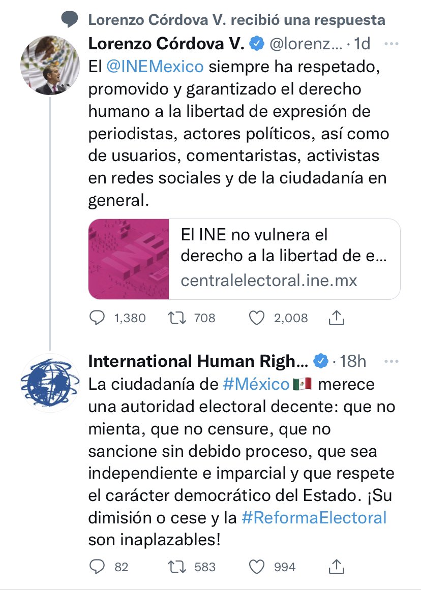 epigmenioibarra's tweet photo. International Human Rights (@Declaracion) responde al comunicado difundido por Lorenzo Córdova: “El INE no vulnera el derecho a la libertad de expresión”.

Poniéndolo en su lugar y pidiendo “su dimisión o cese y la #ReformaElectoral son inaplazables”. https://t.co/I0VLeYwKQs