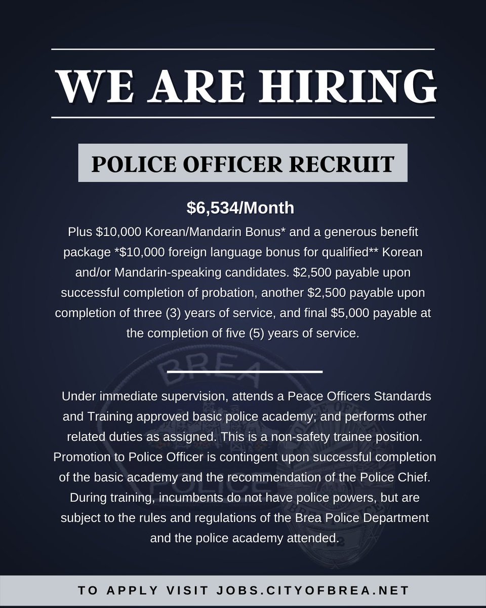 BreaPD's tweet photo. WE ARE HIRING! 🚔🚨
Make a difference in the community and join our team. We are recruiting for Police Officer Recruit, Police Officer Lateral, and Experienced 911 Public Safety Dispatcher. 

For more information please visit 
https://t.co/8aSL9gubYI

#breapd #hiring #joinbreapd https://t.co/GWYzqSXwcT