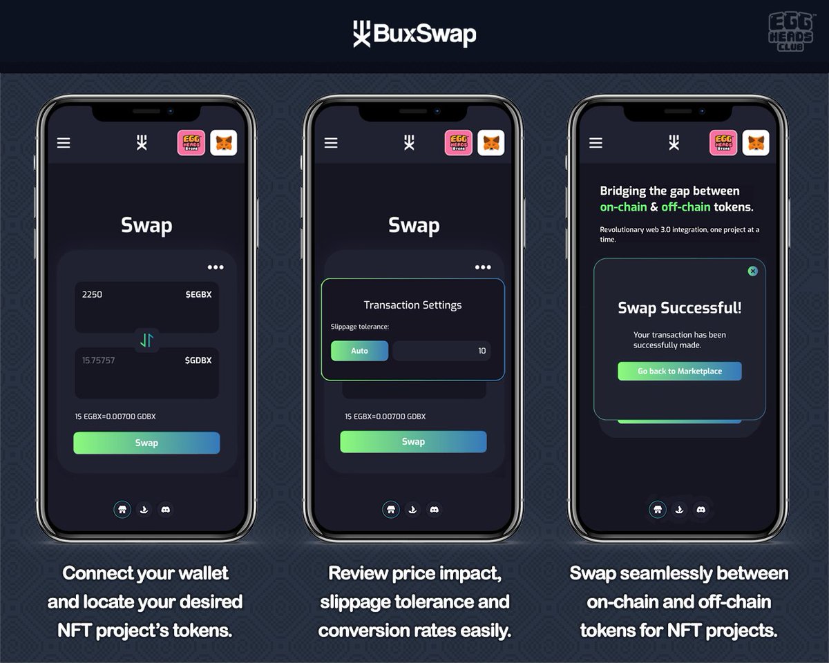 We are proud to announce the launch of @EggHeadsClub on BuxSwap, the first cross-chain token exchange.

You can now swap on-chain $GDBX for off-chain $EGBX to use in both in Egg Fall, and within their gas-less marketplace 👇

🔵 buxswap.io/swap 🟢