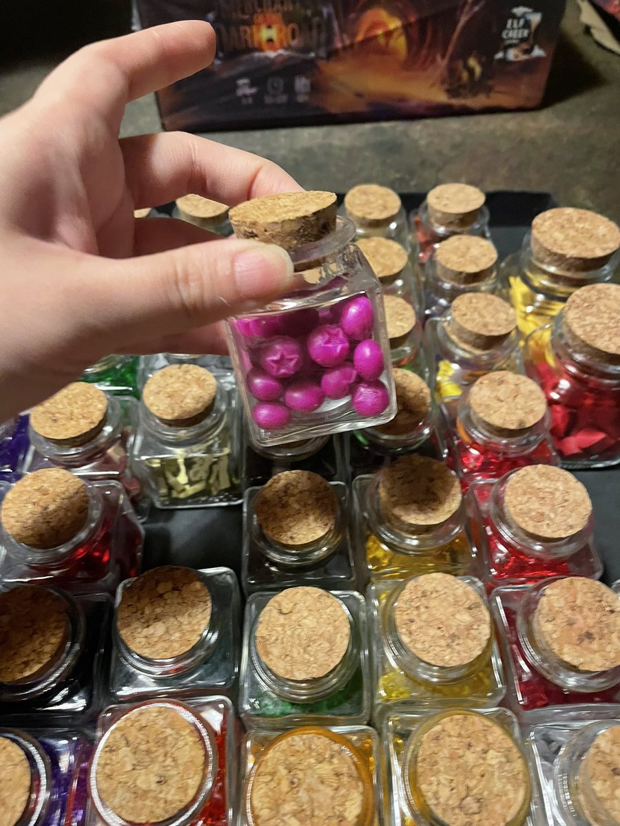 BoredGameDesign's tweet image. What I do in my spare time. Put cute board game tokens in glass jars to use for any games I want!