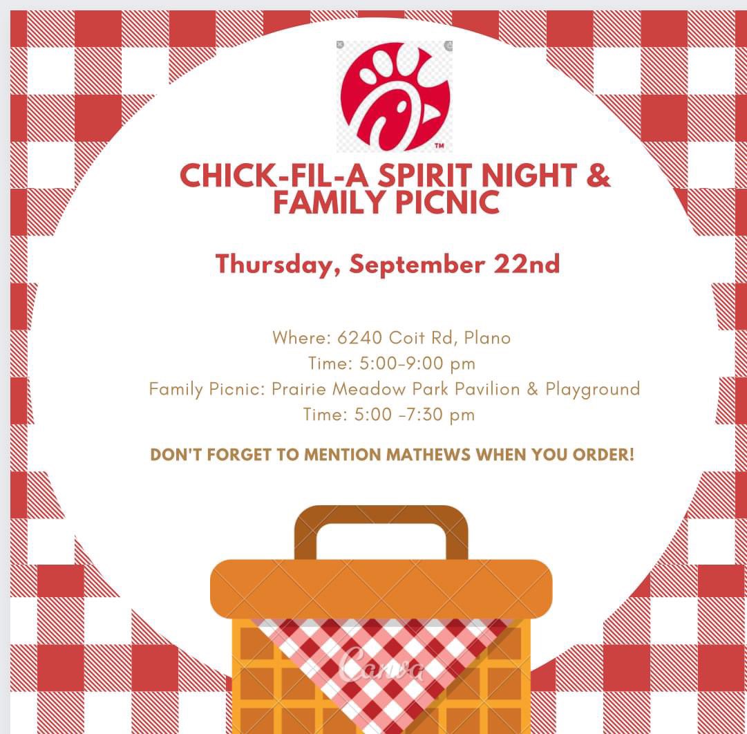 Stop by Chick-Fil-A on September 22nd  between 5:00-9:00 pm.  Pick up dinner and head over to Prairie Meadow Park pavilion and playground for a family picnic.
A portion of the sales goes back to our school, so don't forget to mention Mathews when you order!