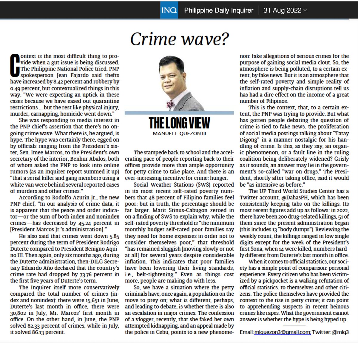 mlq3's tweet photo. My column today is on the PNP's explanation on why crimes are up, and why some suspect a spike in crime is being pushed as representing a crime wave. https://t.co/5eEdk3a9fK https://t.co/c0kjha4XJc