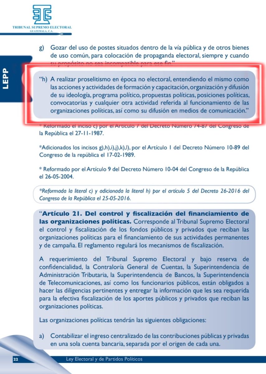 Pan Caliente (@pancalientegt) on Twitter photo ⚠️ De acuerdo a la Ley Electoral y de Partidos Políticos, ningún partido político puede promover a una persona a cargo público previo a la convocatoria a elecciones (época no electoral), como lo está haciendo <a href="/Pdo_VictoriaGT/">@PartidoPolíticoVictoria</a> <a href="/AmilcarRiveraGT/">Amilcar Rivera</a> <a href="/TSEGuatemala/">TSE Guatemala</a>
Art. 20, inciso h LEPP ⚠️ De acuerdo a la Ley Electoral y de Partidos Políticos, ningún partido político puede promover a una persona a cargo público previo a la convocatoria a elecciones (época no electoral), como lo está haciendo <a href="/Pdo_VictoriaGT/">@PartidoPolíticoVictoria</a> <a href="/AmilcarRiveraGT/">Amilcar Rivera</a> <a href="/TSEGuatemala/">TSE Guatemala</a>
Art. 20, inciso h LEPP