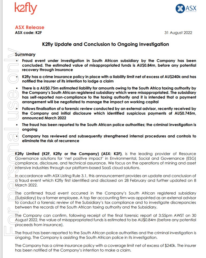 stockswami's tweet photo. Ironic that $K2F #K2F a "provider of governance solutions for compliance, disclosure &amp; technical assurance" has been caught outby it's own lack of governance with embezzlement of $840k by 1 of it's KMP.
Timely update disclosure brought on by it's Auditors no doubt, doing the AR https://t.co/mq02x67jII