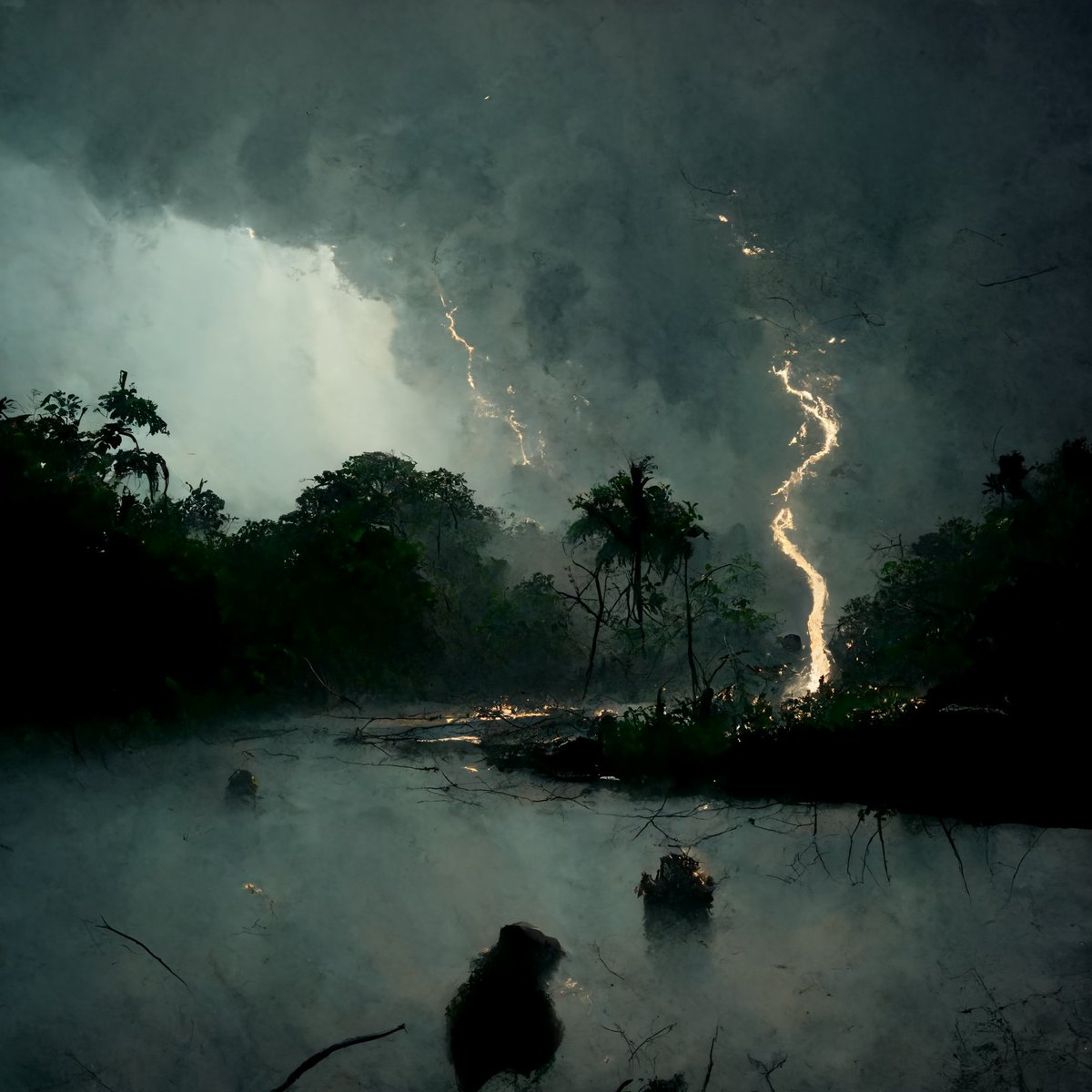 bricktopians's tweet photo. "A creepy lightning storm in the jungle painted" 

Weekly #community prompt by: 
@Brick_N_Morty 

What should we make next?

#DancingwithDallE #AbnormalStudios https://t.co/nufPKgzBe8