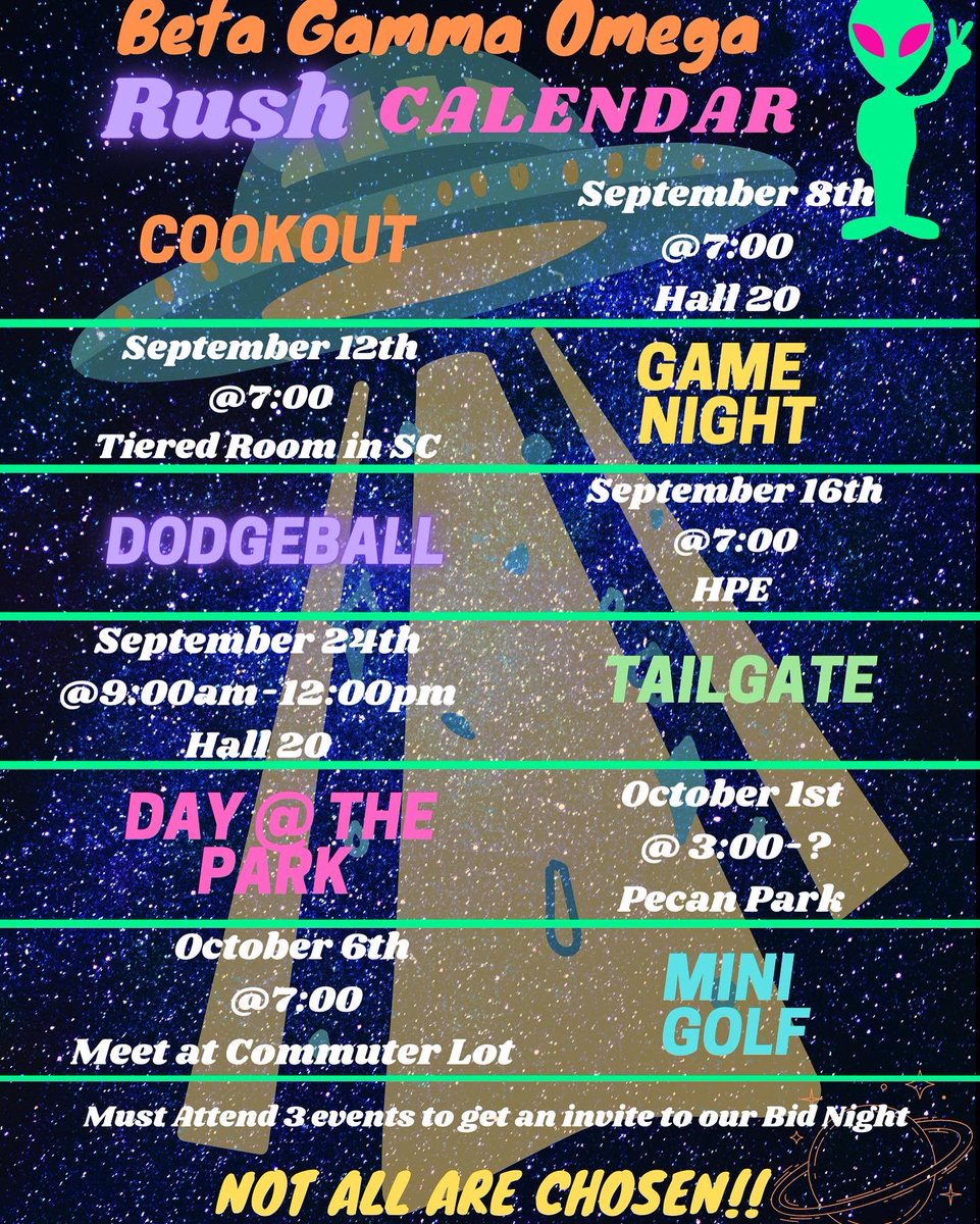 BetaGammaOmega_'s tweet photo. In case you missed it. Here is our Rush Schedule. This semester is going to be out of this world. 👽 https://t.co/pHRw1z2zP5