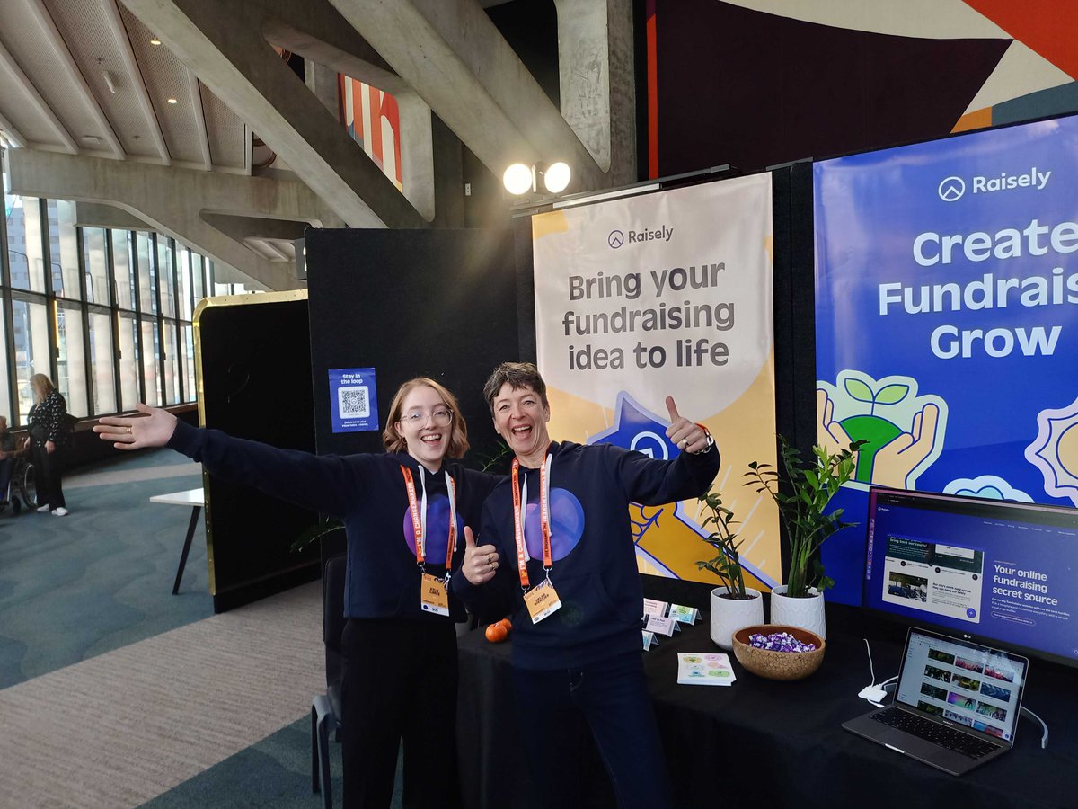 raisely's tweet photo. Conference day 👏
Catch us at @FINZnewzealand Conference today!
Helga, Raisely's Customer Success Manager, and Kylie, our Customer Success Specialist, are there and proudly wearing their Raisely hoodies.
Visit our booth and meet our NZ Team 👋
#FINZ #FINZConference #FundraisingNZ https://t.co/Lv1EaUVFDq