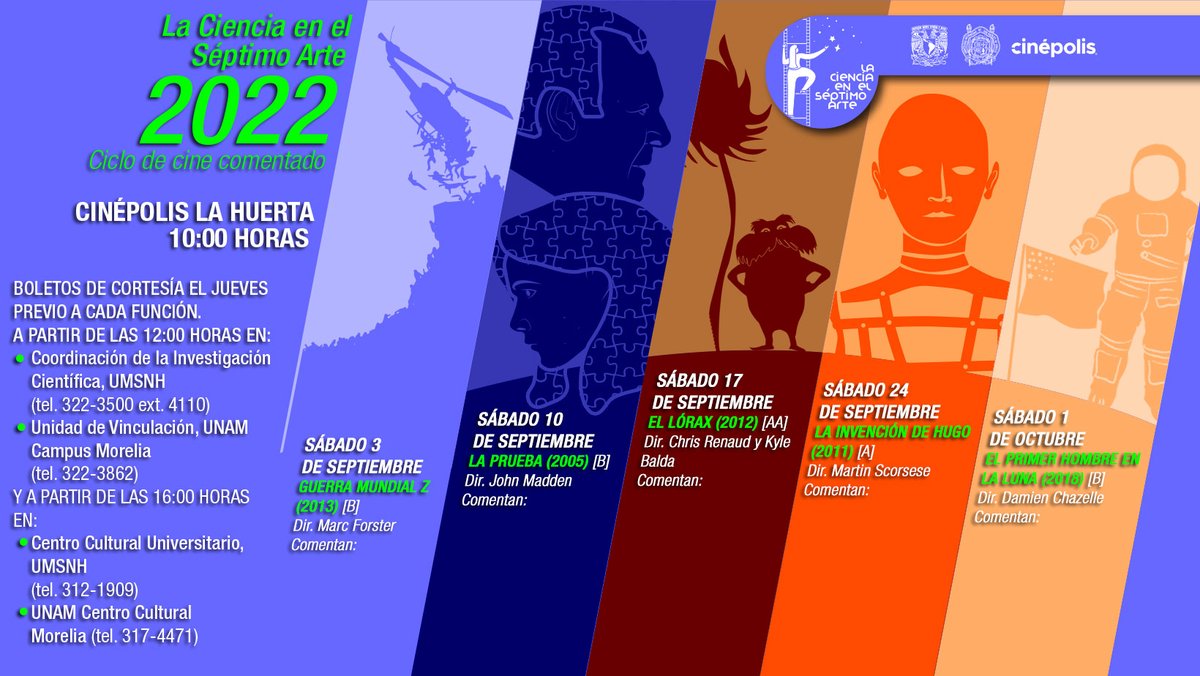 ComInstUMSNH's tweet photo. #UMSNH Y #UNAM INVITAN AL CICLO DE #CINE LA CIENCIA EN EL SÉPTIMO ARTE 
Las funciones serán gratuitas y se realizarán todos los sábados del mes de septiembre y el sábado 1º de octubre a las 10:00 de la mañana en las instalaciones del complejo #Cinépolis La Huerta. https://t.co/GfWJv1H1eA