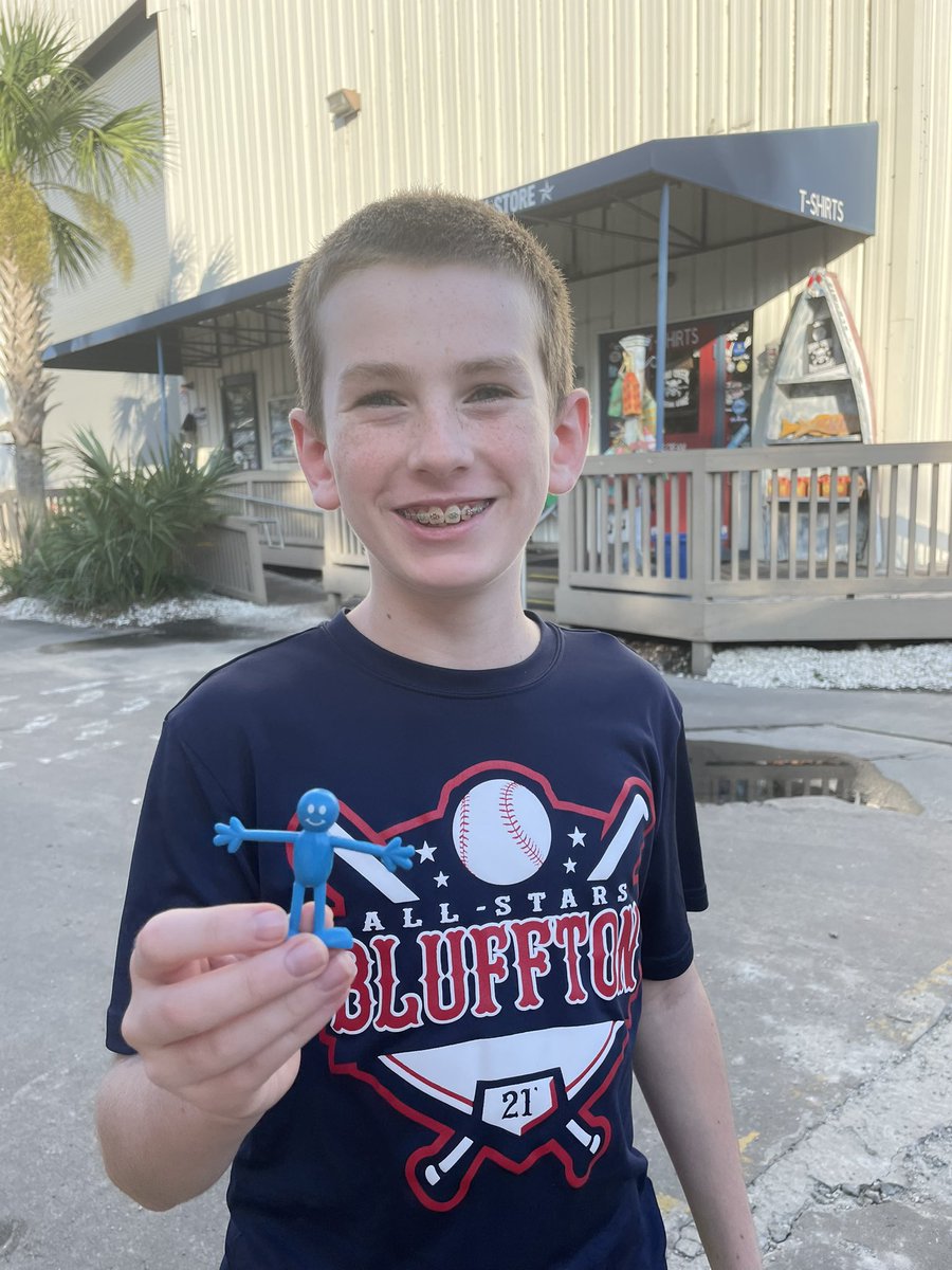 justinjarrett's tweet photo. When your kid is still young enough to get a prize at Skull Creek but old enough to pick one because it looks like Mr. Meeseeks 🤣 #existenceispain https://t.co/fe7BB0F7q6