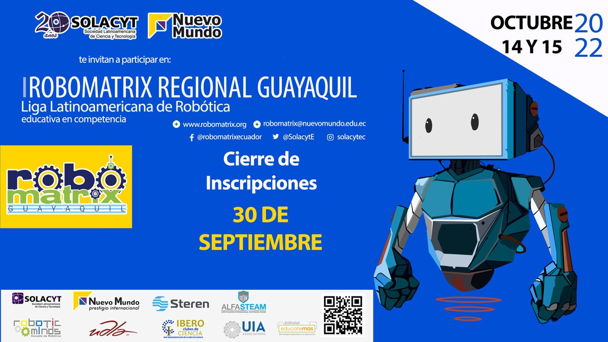 SolacytE's tweet photo. Robomatrix Guayaquil Inscríbete ya https://t.co/rAHsNV9aOM cierre de inscripciones el 30 de septiembre. @Steren_Mexico #RoboticMinds @UDLAEcuador @EducatemasEc
🎖🤖🤖 #Guayaquil #robotica #roboticaeducativa #educacion
Inscripción: https://t.co/QuaY8fJyKX https://t.co/O0RjHFllq8