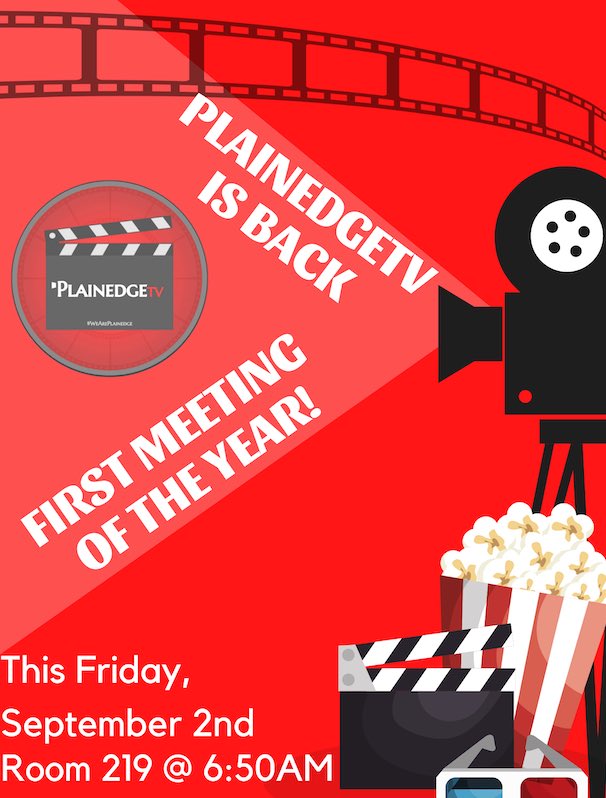 PlainedgeTV's tweet photo. Plainedge HS Students: You are invited to the first meeting of the PlainedgeTV club for this year. Stop on down with your friends to see what we're all about! #WeArePlainedge https://t.co/A4GSOrK4Hb