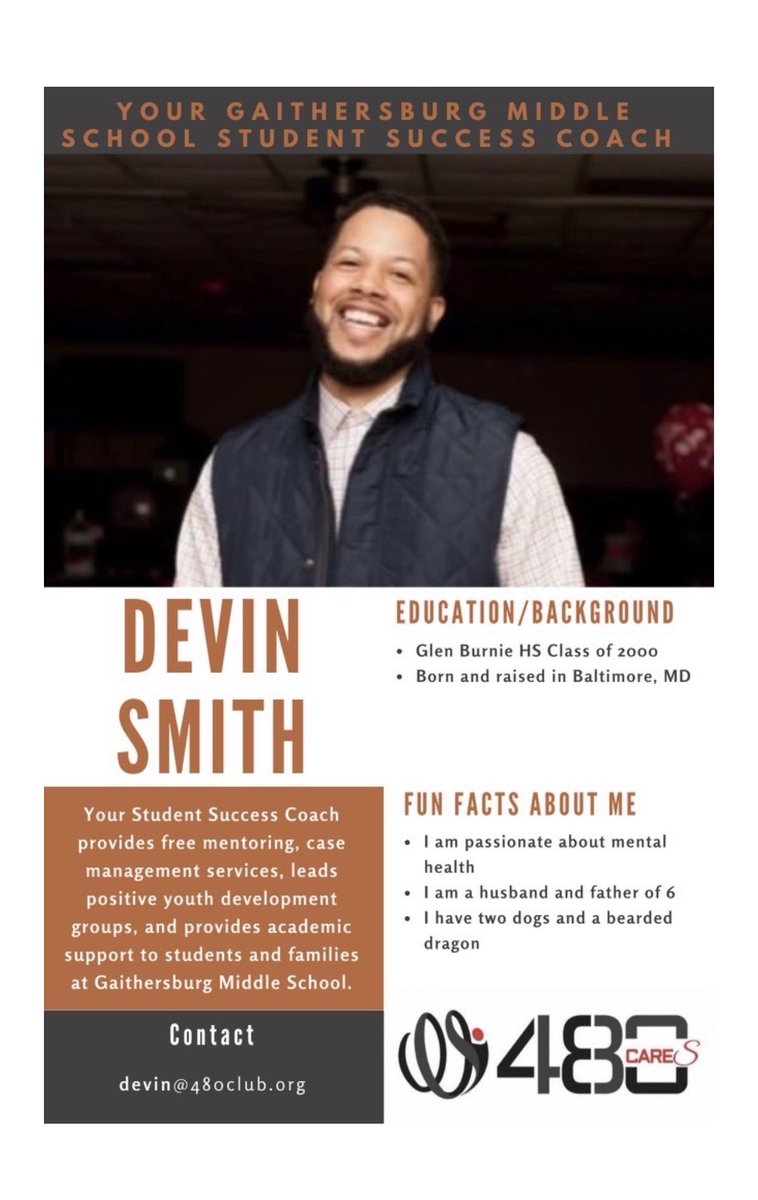 Gaithersburg_MS's tweet photo. Thrilled to have Devin Smith at GMS as our student success coach! Thanks to @480Cares and @trawickmoco for this amazing support for students! https://t.co/qa9JVuU6cD