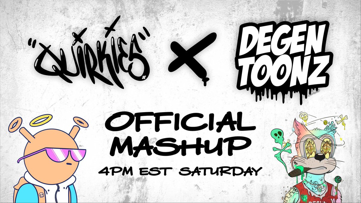 We heard you loud and clear #TOONZ and #QUIRKIES

On Saturday, September 4th at 4:00pm PST we will be uniting for a space! 

Can’t wait to see both incredible communities come together for this fun and interactive talk!

Hope to see all the <a href="/quirkiesnft/">Quirkies</a> and <a href="/DegenToonz/">Degen Toonz</a> there!