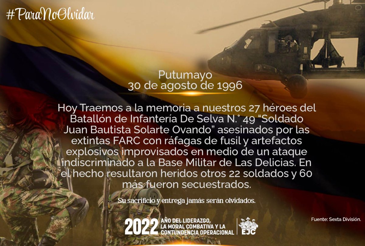 COL_EJERCITO's tweet photo. Honramos la memoria de nuestros soldados, quienes ofrendaron su vida en el cumplimiento de la misión.

Honor y gloria a estos soldados que un día como hoy cumplían su misión con la patria.

#ParaNoOlvidar https://t.co/qGLCNLbJ6J