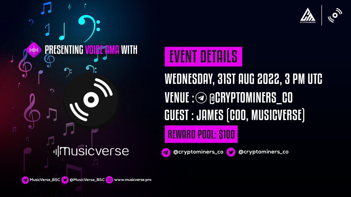 CryptoMiners_Co's tweet photo. 🎙️We're pleased to announce our next Voice #AMA with @MusicVerse_BSC on 31st August at 3:00 PM UTC

💰Rewards Pool : 100$

🏠Venue: https://t.co/ugj9Ua173L

〽️Rules:
1⃣ Follow @Cryptominers_co &amp; @MusicVerse_BSC
2⃣ Like &amp; RT
3⃣ Comment Questions &amp; Must Join Voice Chat https://t.co/pFSYhBkRiF