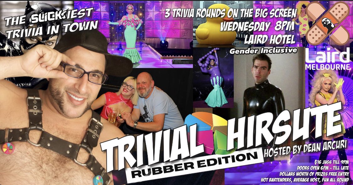 MelbourneRubber's tweet photo. SLICK 2022 is here! 😱 Don’t forget that we are kicking off with our Welcome Drinks at Hare Hole, 6pm to 10pm. Meanwhile, if drinks aren’t your thing head on over to The Laird Hotel at 8pm for Dean Arcuri’s famous Trivial Hirsute (Rubber Edition). See you tonight! #slick2022 https://t.co/LSWMxkOyye