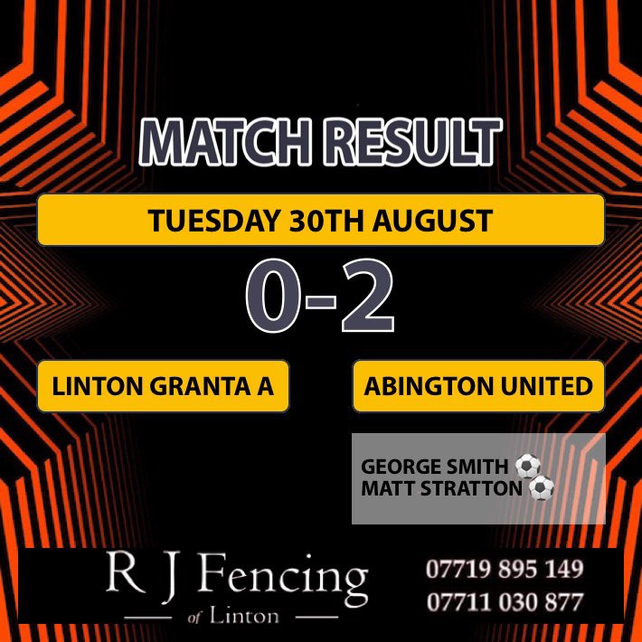 Final score! <a href="/LintonGrantaFC/">Linton Granta FC</a> A 0-2 Abington United ⚽️ A great finish to our pre-season and a top performance from all tonight! 

Our goals:
<a href="/George_smith20/">George</a> ⚽️   
<a href="/5tratts/">Matt</a> ⚽️