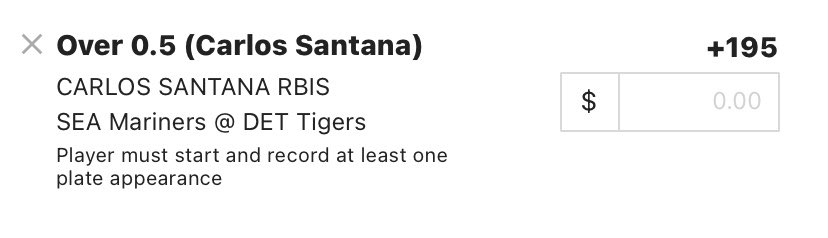 One__Bet's tweet photo. August 30th Game 7 Mariners @ Tigers:

Santana ov .5 RBIs +195

#gamblingtwitter #MLBpicks https://t.co/oSQ6PVRWP7