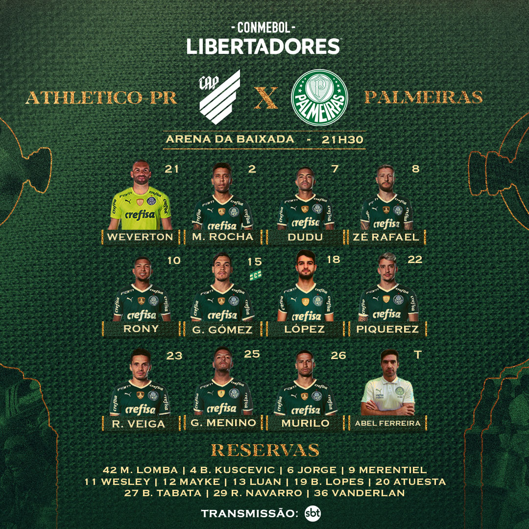 Palmeiras's tweet photo. ESTAMOS ESCALADOS PARA OS PRIMEIROS 90 MINUTOS DECISIVOS! VAMOS JOGAR COM A ALMA E O CORAÇÃO, #FAMÍLIAPALMEIRAS! 🐷

#AvantiPalestra #CAPxPAL
#AlmaECoração https://t.co/GoqJSTa8De