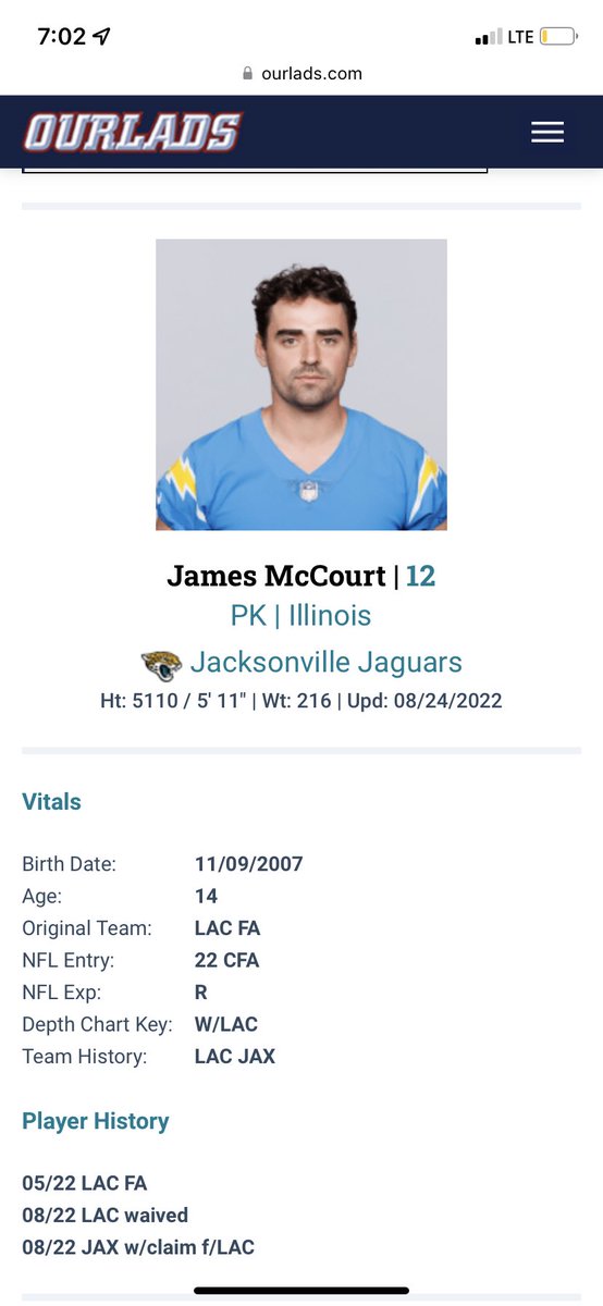 Treynolds_5's tweet photo. Congrats James McCourt! Youngest player to ever make an NFL roster. @McCourtJ_38 https://t.co/jY2KgmQ5u6