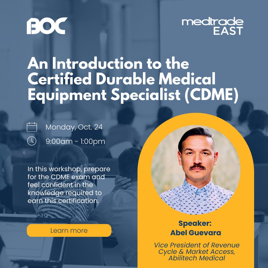BOCIntl's tweet photo. BOC is thrilled to be bringing our Introduction to the CDME workshop back to #MedtradeEast this fall. Learn more about the workshop, #CDME exam, and a special offer for workshop attendees in this week's #MedtradeMonday: https://t.co/uZBgh5Zqme
#BOC #DME #HME @MedtradeConnect https://t.co/1m98bheAMl