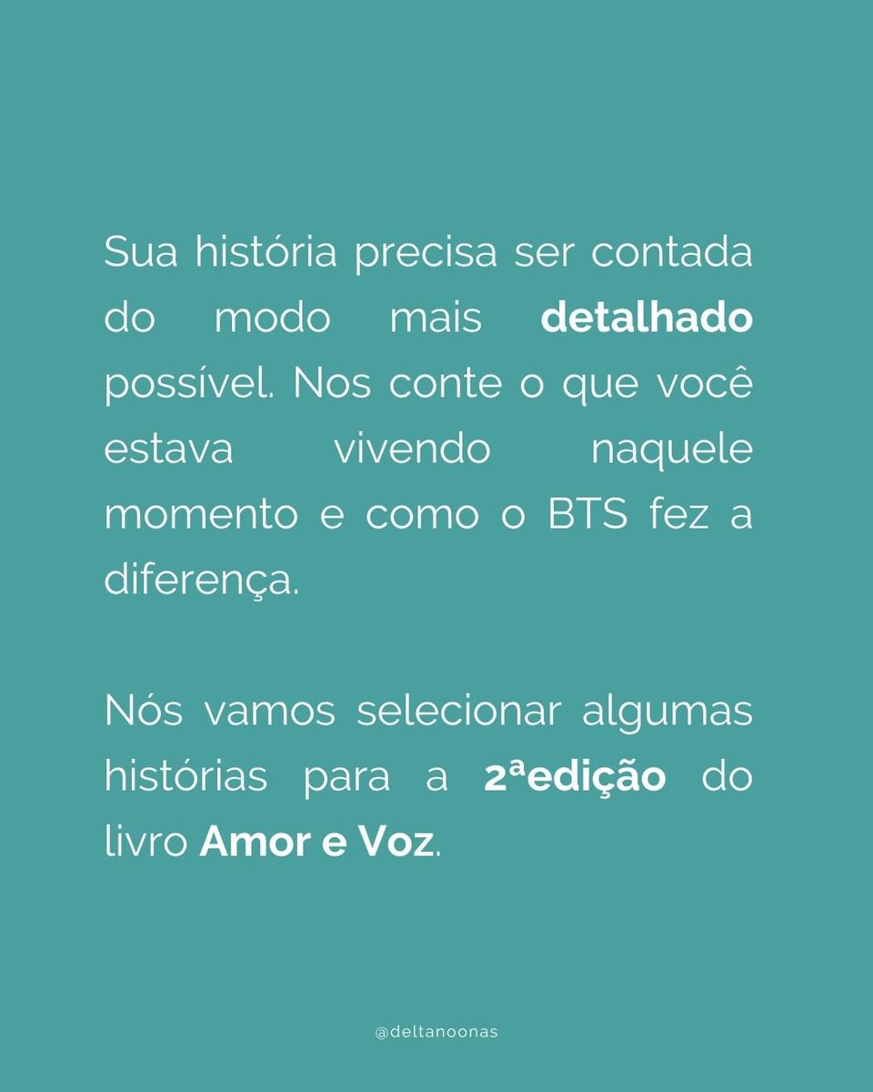 deltanoonas's tweet photo. Estamos selecionando histórias de Armys 40+ para a 2ª edição do livro "Amor e Voz". 🫶🏻
https://t.co/omLukidNfa… 

Nos ajude a divulgar e participe!

https://t.co/wAFwPElJk8 https://t.co/GG4PlxBOZf