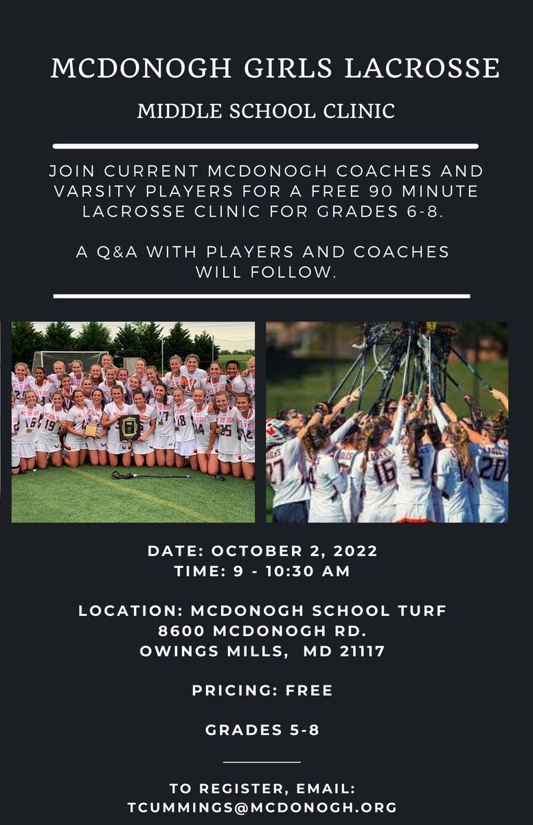 McDonogh Girls Lacrosse (@mcdgvl) on Twitter photo A new school year has begun and another free <a href="/McDGVL/">McDonogh Girls Lacrosse</a> MS clinic is officially on the calendar! Please email coach Taylor Cummings at tcummings@mcdonogh.org to reserve your spot! 🦅🧡 A new school year has begun and another free <a href="/McDGVL/">McDonogh Girls Lacrosse</a> MS clinic is officially on the calendar! Please email coach Taylor Cummings at tcummings@mcdonogh.org to reserve your spot! 🦅🧡